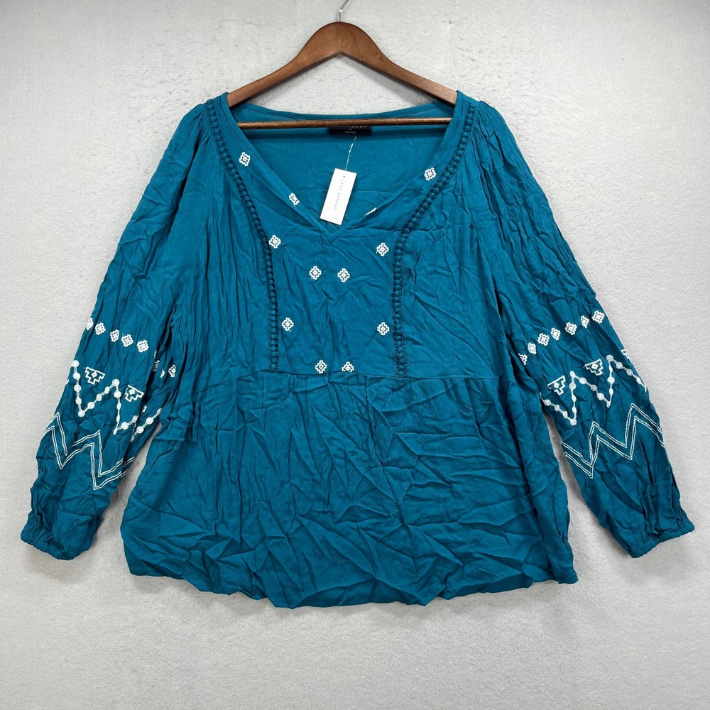 Lane Bryant Blouse Womens 14 Teal Embroidered Long Sleeve Boho Peasant Top NEW